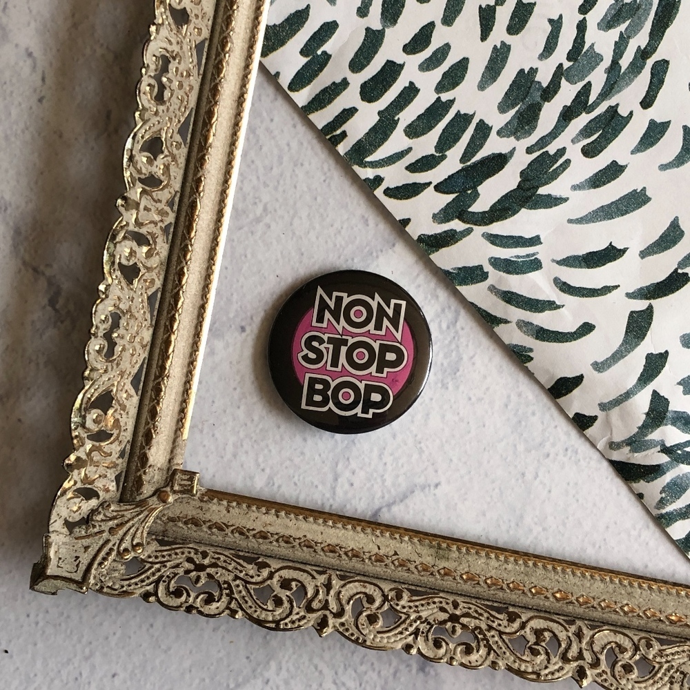 Vintage Black Pink Non Stop Bob Pin Button Flair